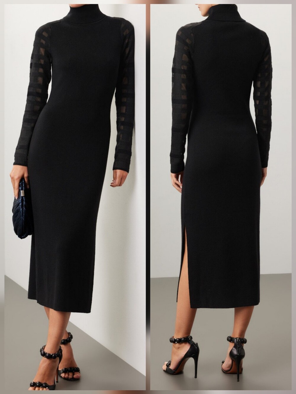 Esteban Cortazar Mesh Sleeve Dress Sweater Sheath Long Sleeves Turtleneck Size M